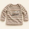 Ergee long-sleeve top in brown and olive stripes, size 4-6 months (68 cm), front with embroidered moose