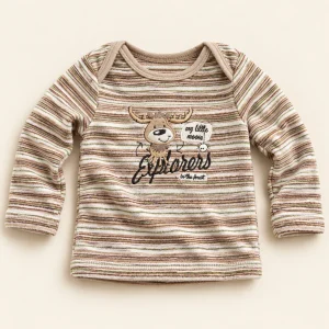 Ergee long-sleeve top in brown and olive stripes, size 4-6 months (68 cm), front with embroidered moose