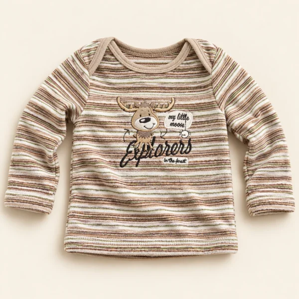 Ergee long-sleeve top in brown and olive stripes, size 4-6 months (68 cm), front with embroidered moose