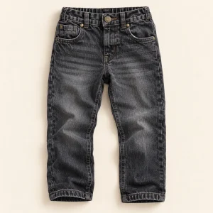 F&F five-pocket jeans in washed black, size 6-7 years (122 cm), front with brass button and rivets