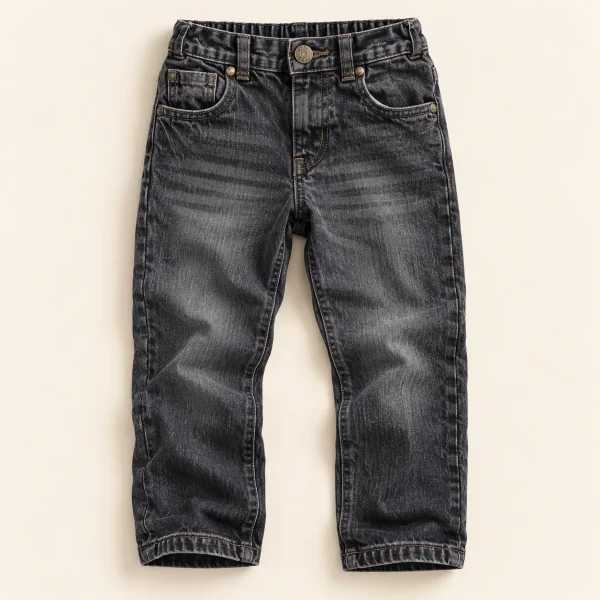 F&F five-pocket jeans in washed black, size 6-7 years (122 cm), front with brass button and rivets