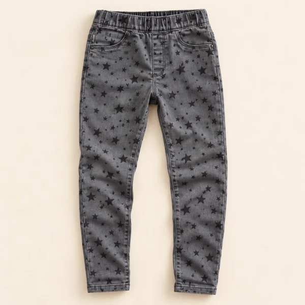 F&F stretch jeans in washed grey with black star print, size 12-13 years (158 cm), front with elastic waist