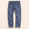 FiTZ slim jeans in navy and white pinstripe, size 158 cm, front with copper rivets and frayed hems