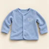 FROG fleece jacket in light blue, size 0-3 months, front with poppers and tiny one embroidery
