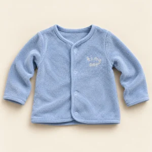 FROG fleece jacket in light blue, size 0-3 months, front with poppers and tiny one embroidery