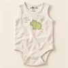 So Cute sleeveless bodysuit in oatmeal, 3–6 months, front view with green hippo and hello little one print