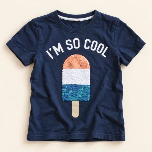 H&M tee in navy, size 8-10 years (134 cm), front with I'm so cool slogan and flip-sequin ice lolly