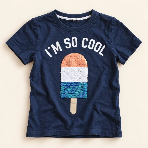 H&M tee in navy, size 8-10 years (134 cm), front with I'm so cool slogan and flip-sequin ice lolly