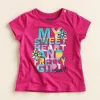 lupilu-sweetheart-slogan-tee-fuchsia-92-front Lupilu tee in fuchsia, size 18-24 months (86/92 cm), front with colourful sweetheart word print and shoulder buttons