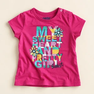 Lupilu tee in fuchsia, size 18-24 months (86/92 cm), front with colourful sweetheart word print and shoulder buttons