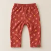 Topomini mushroom print leggings in rust, 9–12 months, back with pink and mustard mushroom print