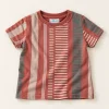 Striped tee, brick red So Cute striped tee in brick red, 9–12 months, front with sand, sage and white stripes and ribbed neck