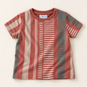 So Cute striped tee in brick red, 9–12 months, front with sand, sage and white stripes and ribbed neck