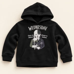 Wednesday Addams hoodie in black, size 12-14 years (158/164 cm), front with split-portrait print