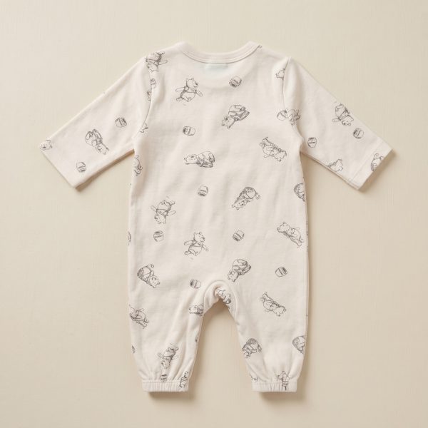 Disney Baby Winnie the Pooh sleepsuit in oatmeal, 0–3 months, back with all-over Pooh sketch print