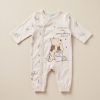 Disney Baby Winnie the Pooh sleepsuit in oatmeal, 0–3 months, front with hunny pot print and wrap poppers