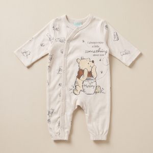 Disney Baby Winnie the Pooh sleepsuit in oatmeal, 0–3 months, front with hunny pot print and wrap poppers