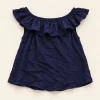 Y.F.K ruffle off-shoulder top in navy, size 8-10 years (134/140 cm), front with wide frill neckline
