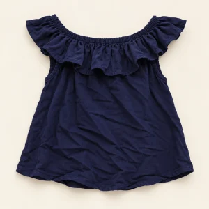 Y.F.K ruffle off-shoulder top in navy, size 8-10 years (134/140 cm), front with wide frill neckline