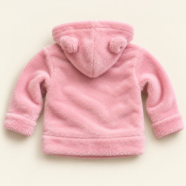 YY Kid's teddy fleece jacket in pink, size 12 months (80-86 cm), back with bear ears on the hood