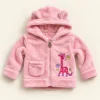 YY Kid's teddy fleece jacket in pink, size 12 months (80-86 cm), front with giraffe patch and bear-ear hood