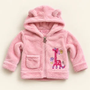 YY Kid's teddy fleece jacket in pink, size 12 months (80-86 cm), front with giraffe patch and bear-ear hood