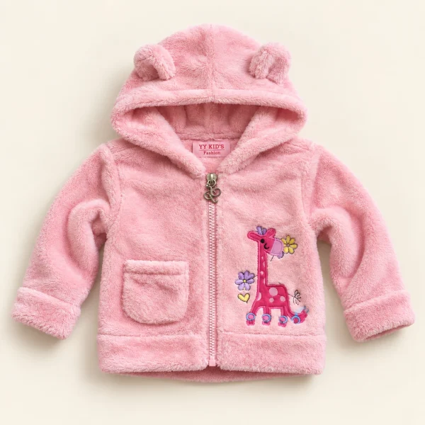 YY Kid's teddy fleece jacket in pink, size 12 months (80-86 cm), front with giraffe patch and bear-ear hood